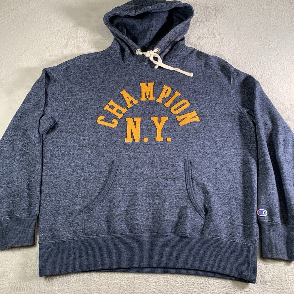 Champion NY Men Blue Hoodie Pullover Sweatshirt VTG Style Wordmark Size Large
